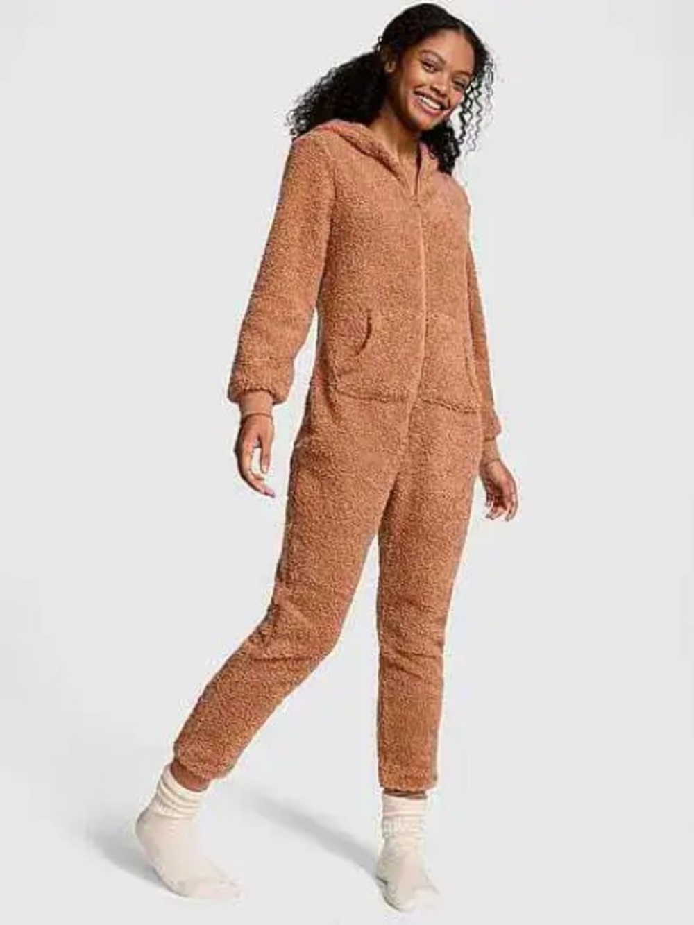 PINK Victoria's Secret Co-ZZZy Fleece Hooded Onesie Toffee S NWOT